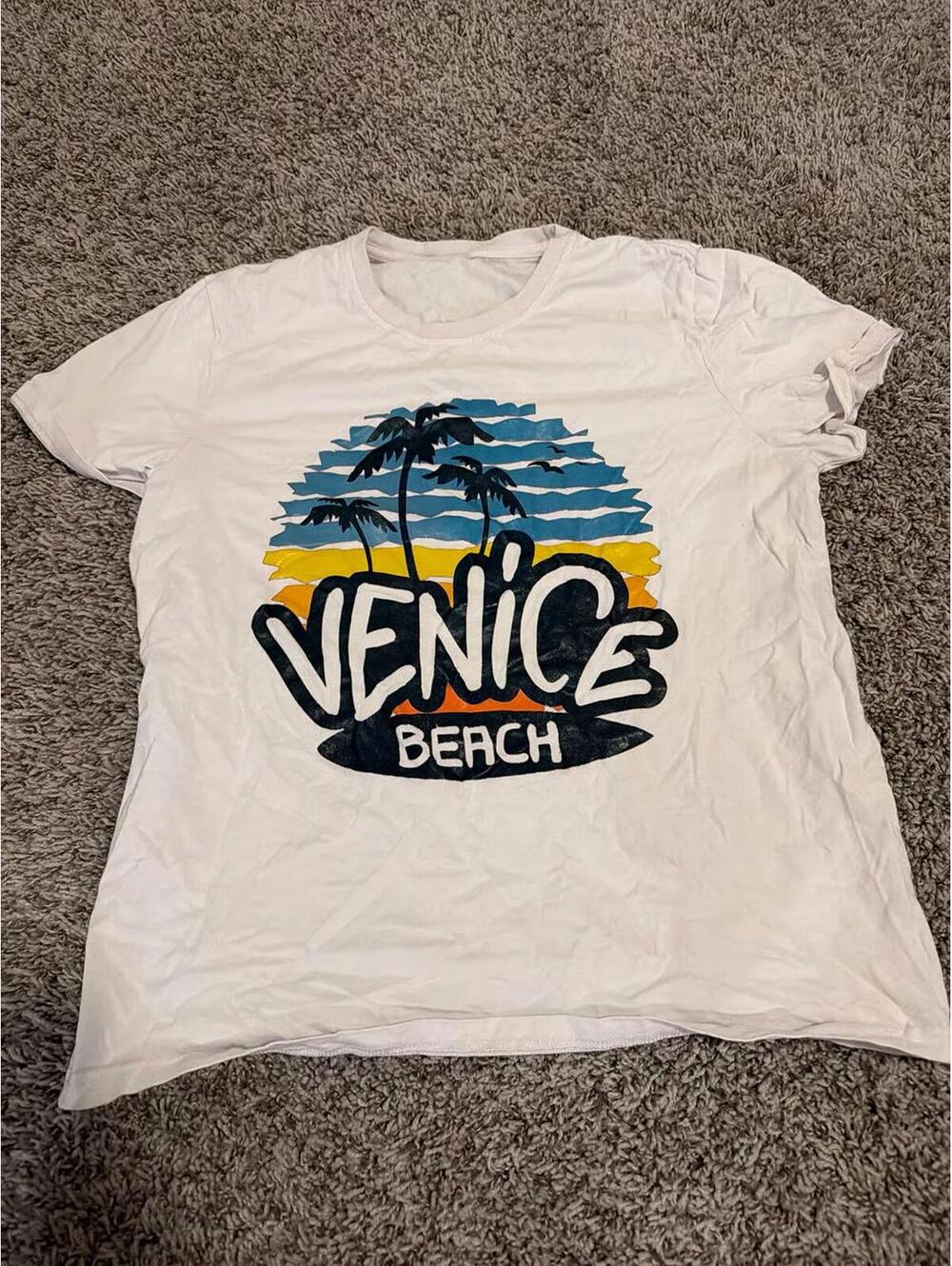 Shein Mens White Venice Beach Graphic Tee Medium